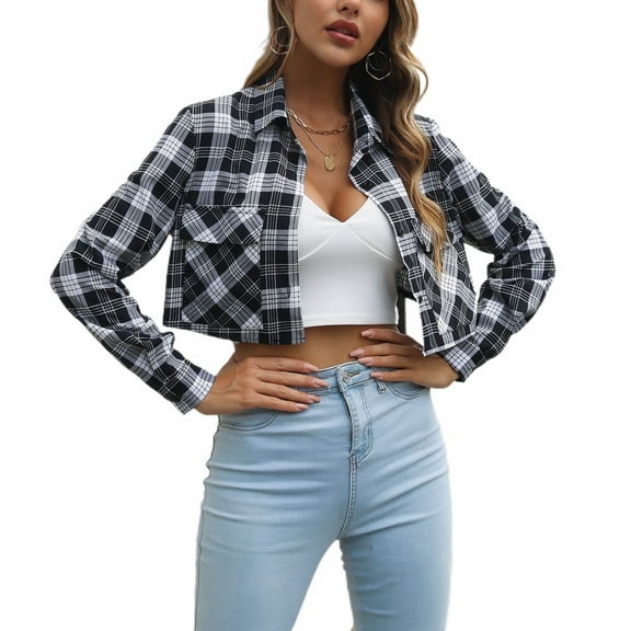 SWSMCLT Women's Shirt Button Down Crop Top Fitted Summer Button Fashion Long Sleeve Pocket Modern Blouse Black X-Large