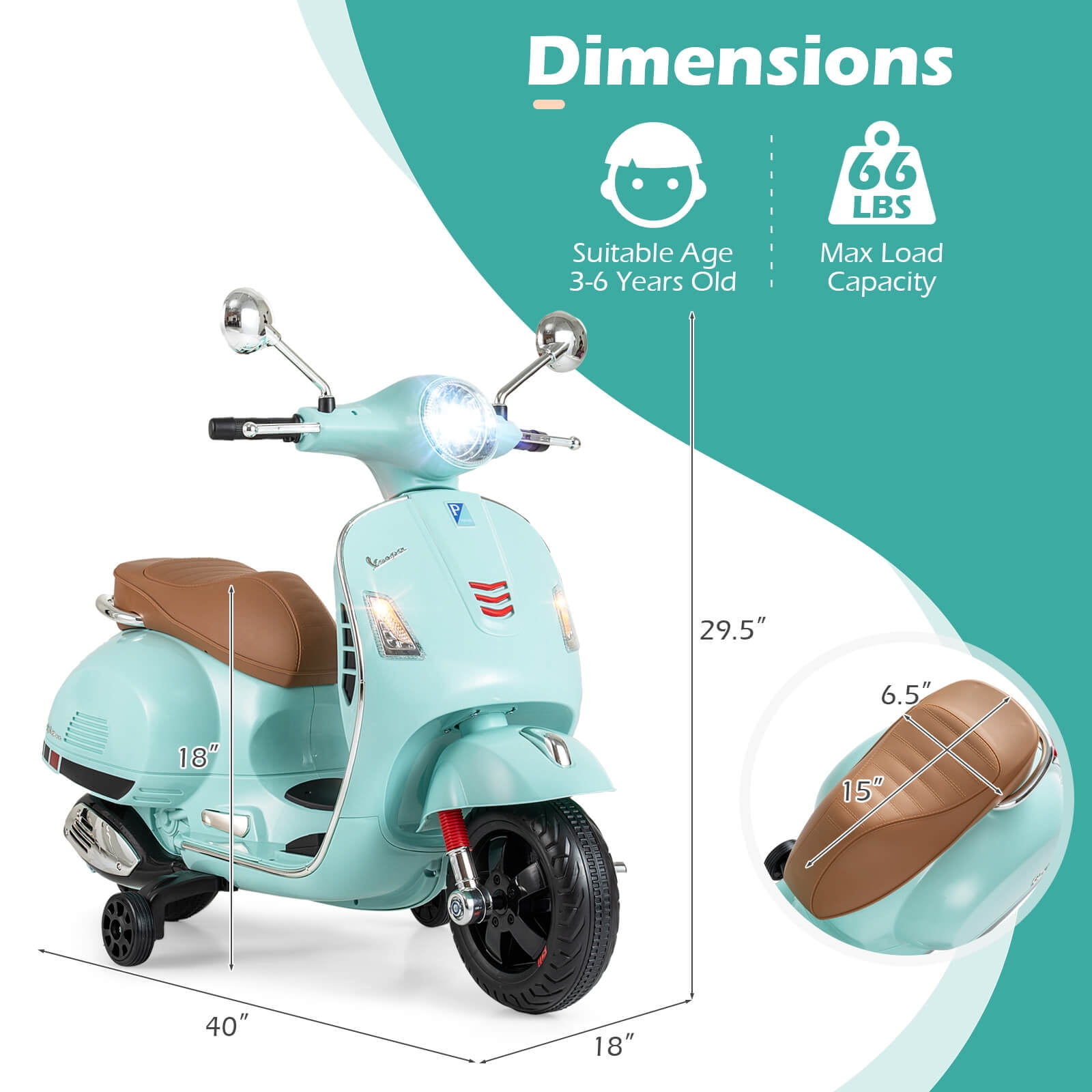Costway Licensed VESPA 12V Kids Electric Motorcycle with Music Horn Story Training Wheels Green