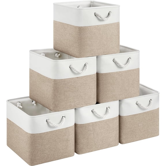 13 L x 15 W x 13 H Foldable Fabric Storage Cube Bin with Handles and Metal Frame 6 Pack White Khaki