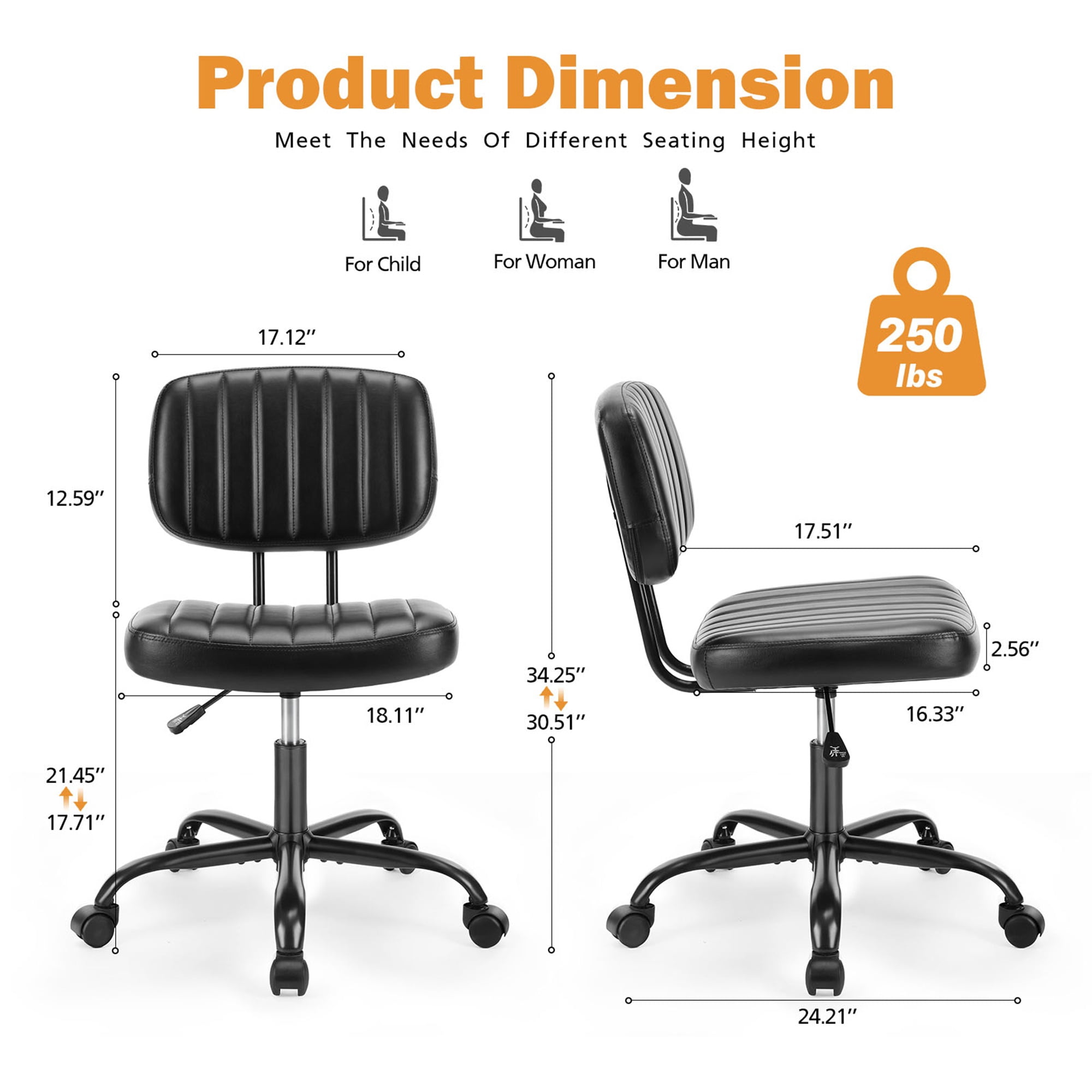 Topcobe Armless Home Office Chair Ergonomic Desk with Comfy Low Back Lumbar Support, Height Adjustable PU Leather Computer Task Chair with 360° Swivel Wheels, for Small Space, Kids and Adults, Black
