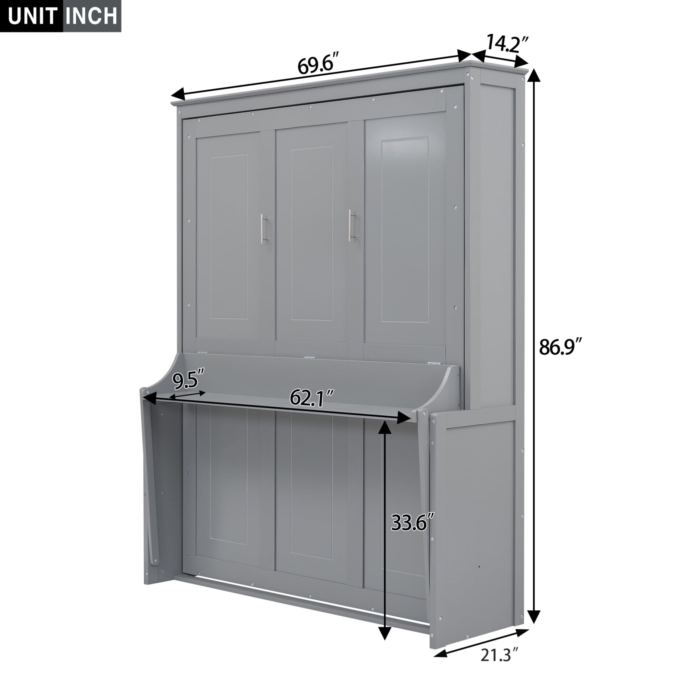 Noble House Blair Queen Size Murphy Bed with Shelf and Desk, Folding Cabinet Wall Bed, Space Saving, Gray
