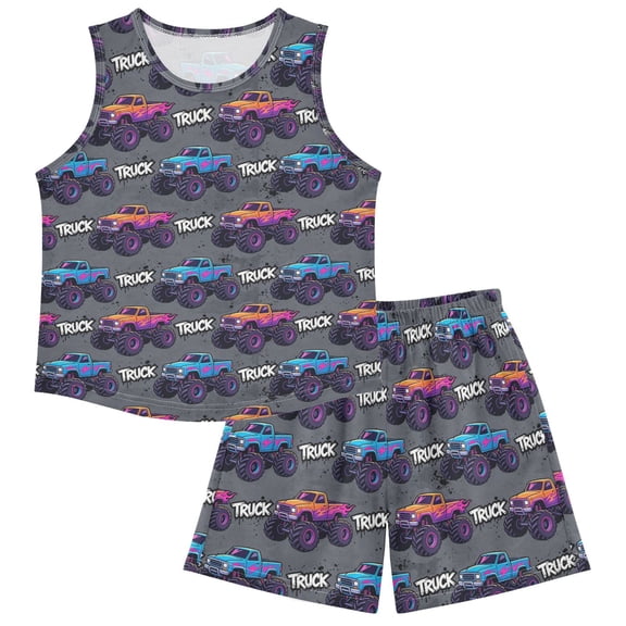 Kids Pajama Sets Breathable Tank Top & Shorts Sleepwear for Girls & Boys Cartoon Truck Pattern 4Y