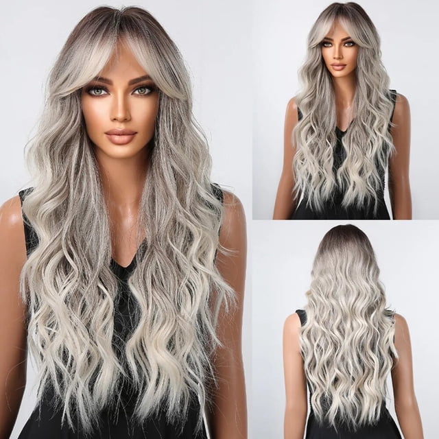 Pelucas sintéticas onduladas con flequillo para mujer, pelo largo ombré, color morado polvoriento, Natural, uso diario, fiesta, Cosplay, resistente al calor