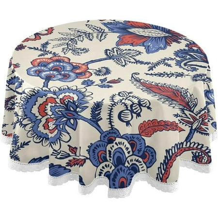 SKYSONIC Round Tablecloth Paisley Print Hand Drawn Elements Polyester Tablecover 60 Inch with Lace Design, Anti-Wrinkle and Smooth Table Cloth for Kitchen/Home Decoration