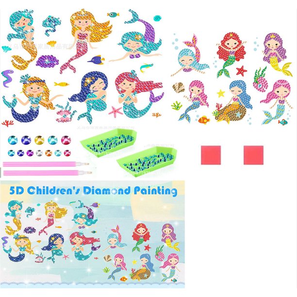 Pintura de diamantes para niños, sirena, pegatinas de diamantes 5D para manualidades y decoración del hogar para niños, incluye 12 pegatinas de diamantes, 2 bolígrafos de pintura de diamantes, 2