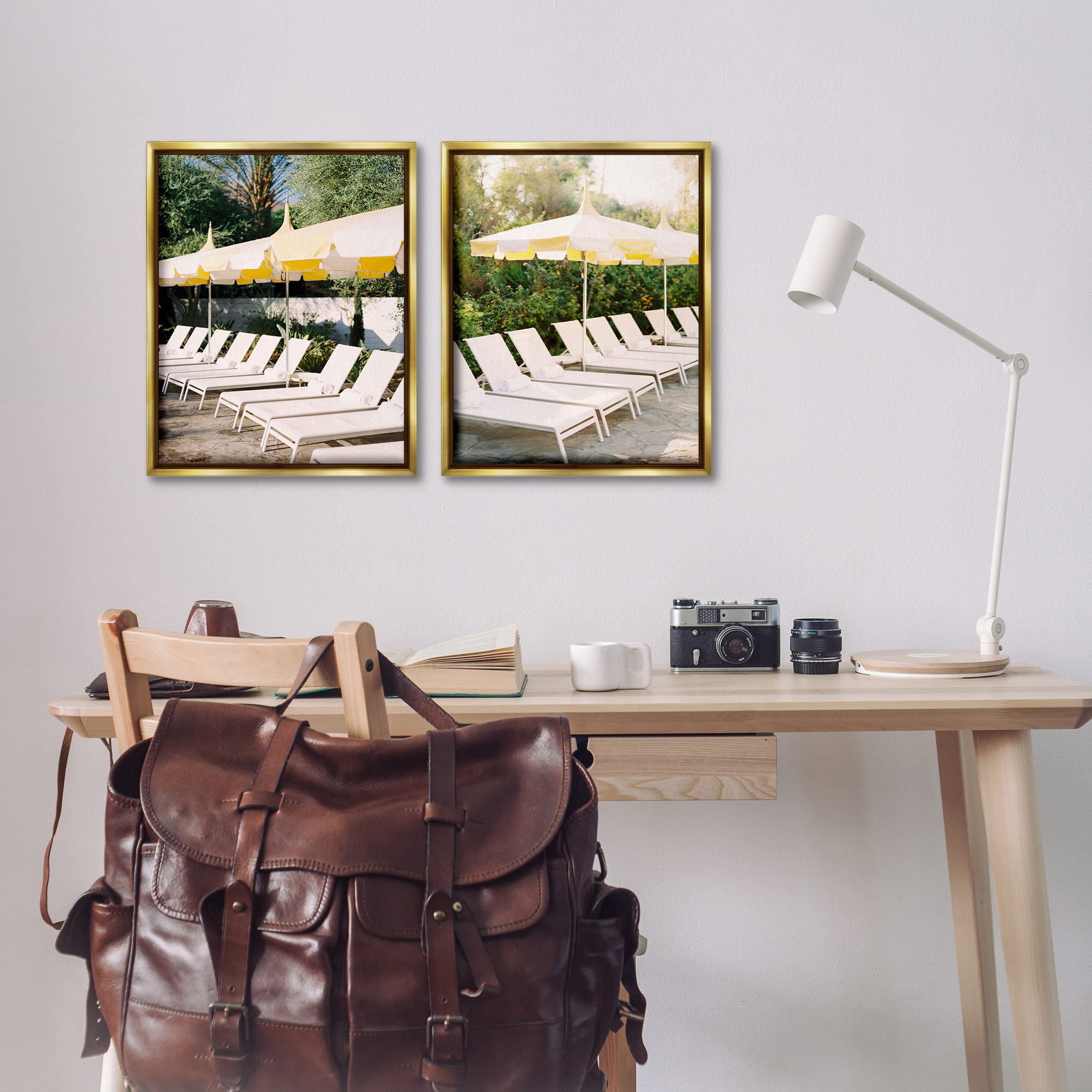 Stupell Industries Chaise Lounges with Umbrellas Nautical & Beach Photography Gold Floater Framed Canvas Art Print Wall Art, 17 x 21, Set of 2