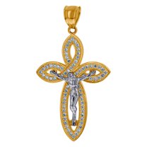 10k Two-tone Gold Mens Cubic Zirconia Crucifix Cross Religious Charm Pendant 43.1x24.5mm Wide Necklace for Men