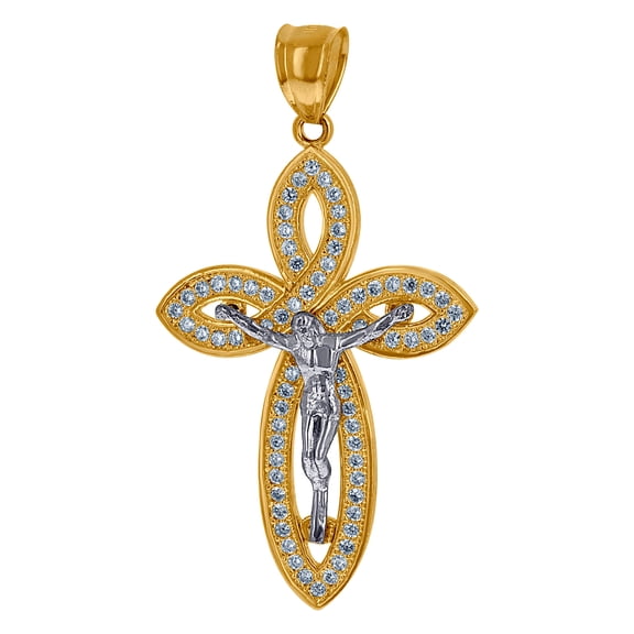 10k Two-tone Gold Mens Cubic Zirconia Crucifix Cross Religious Charm Pendant 43.1x24.5mm Wide Necklace for Men