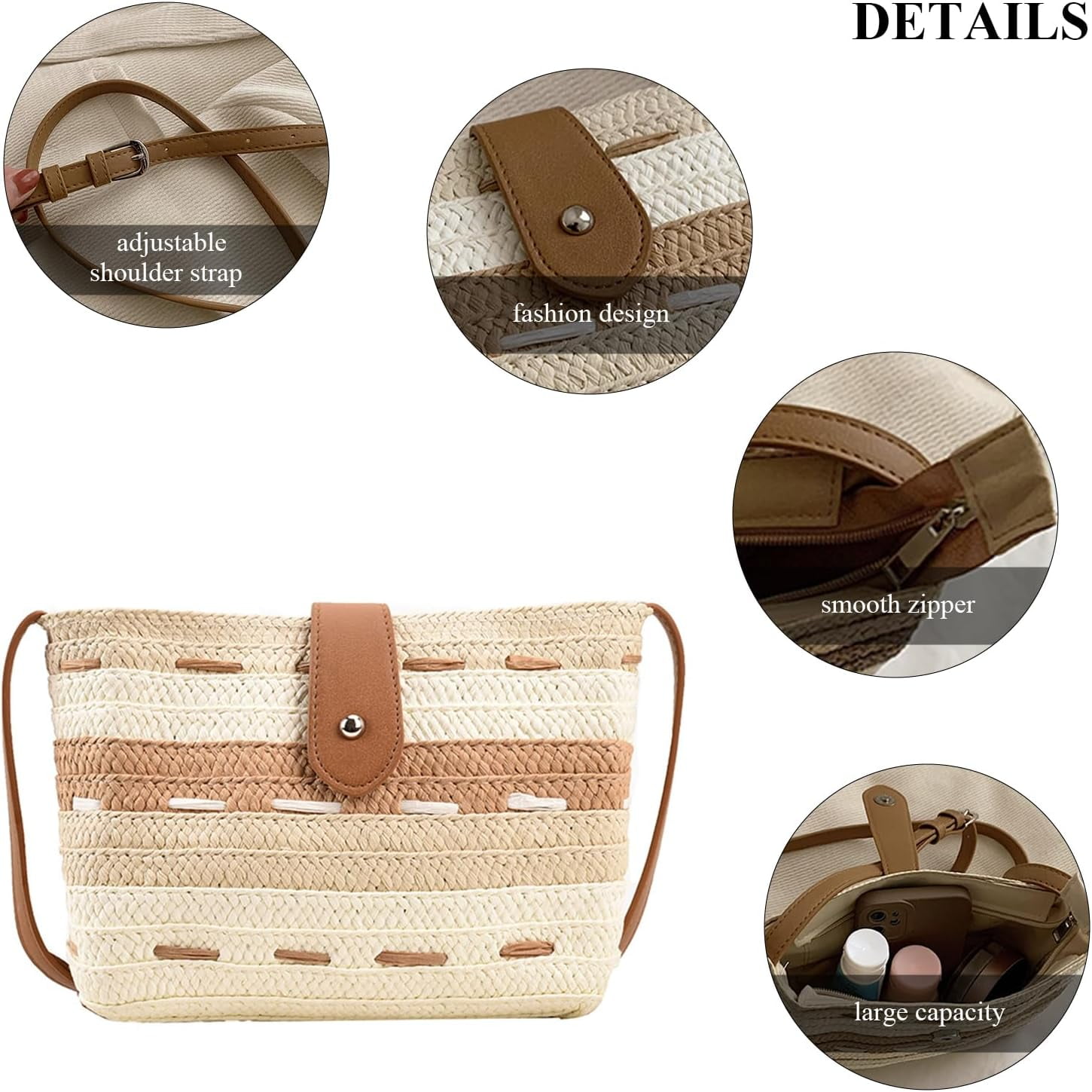 LinYooLi Women's Woven Straw Shoulder Handbag, Khaki