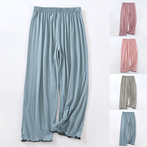 Wide Leg Pants for Women BWASD Casual Modal Soft Plus Size Baggy Elastic Waist Trousers Solid Color Pajama Pants Simple Loungewear Sleeping Wear (Blue,L)