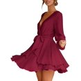 thumbnail image 2 of Women's Dress Deep V-Neck Long Sleeve Waist Tie Ruffle Mini Swing Skater Dresses, 2 of 11