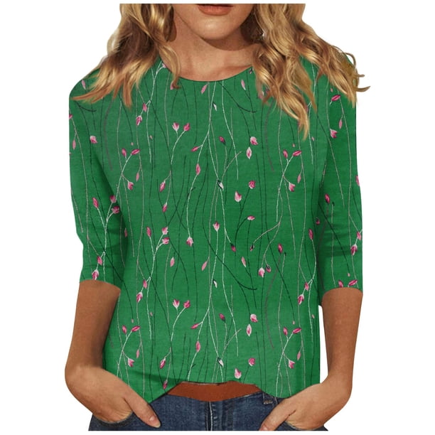camisas de manga 3/4 para mujer camisetas gráficas con estampado lindo blusas casuales tallas grandes tops básicos jersey verde / 2xl