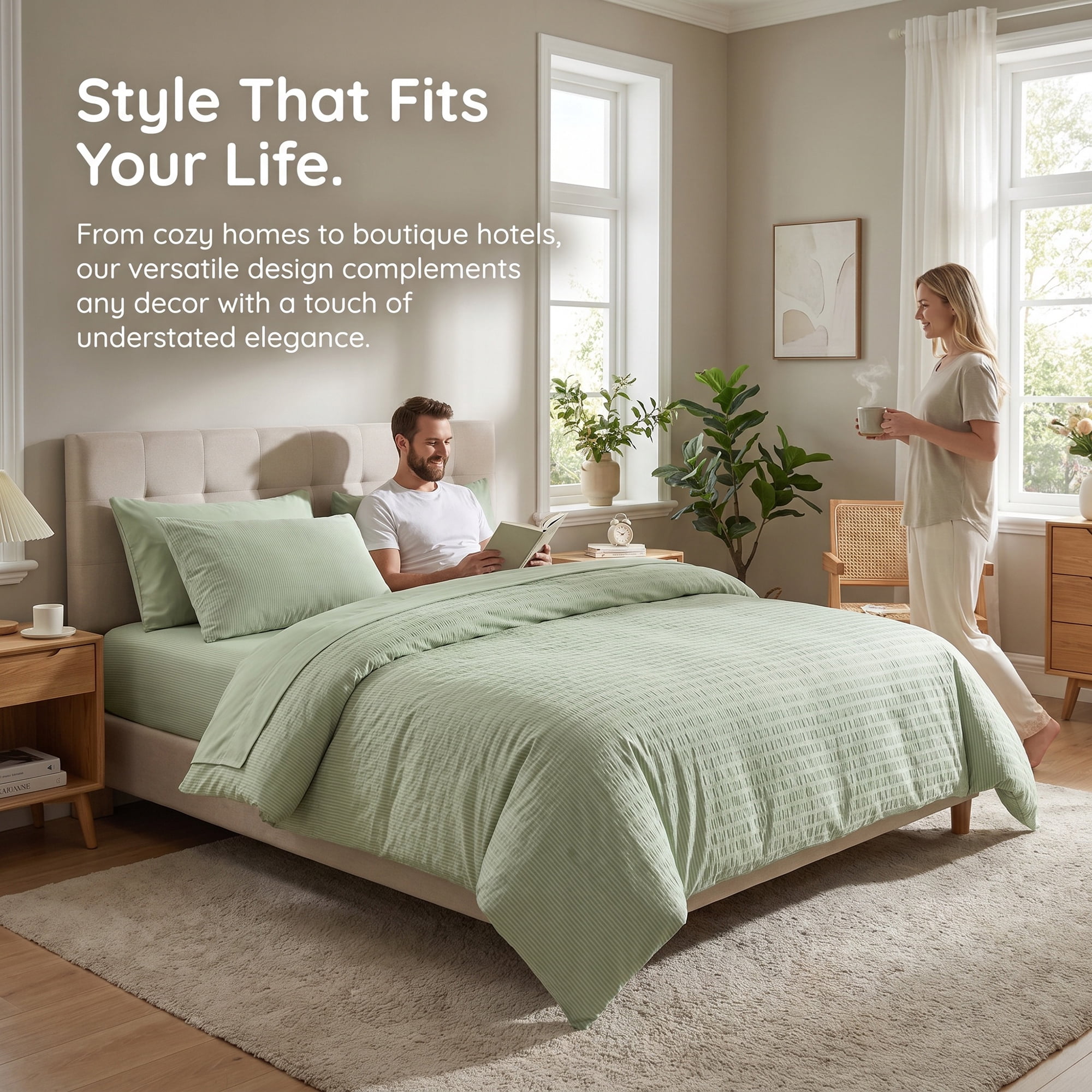 Unique Bargains Cotton Stripes Bed Sheets Cooling and Soft 59.1"x78.7" Pea Green