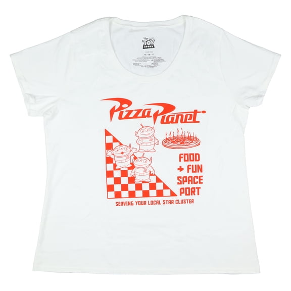 Disney Toy Story Alien Pizza Planet Food Fun Space Port Adult Crewneck Short Sleeve Shirt Womens Plus Size Graphic Tee