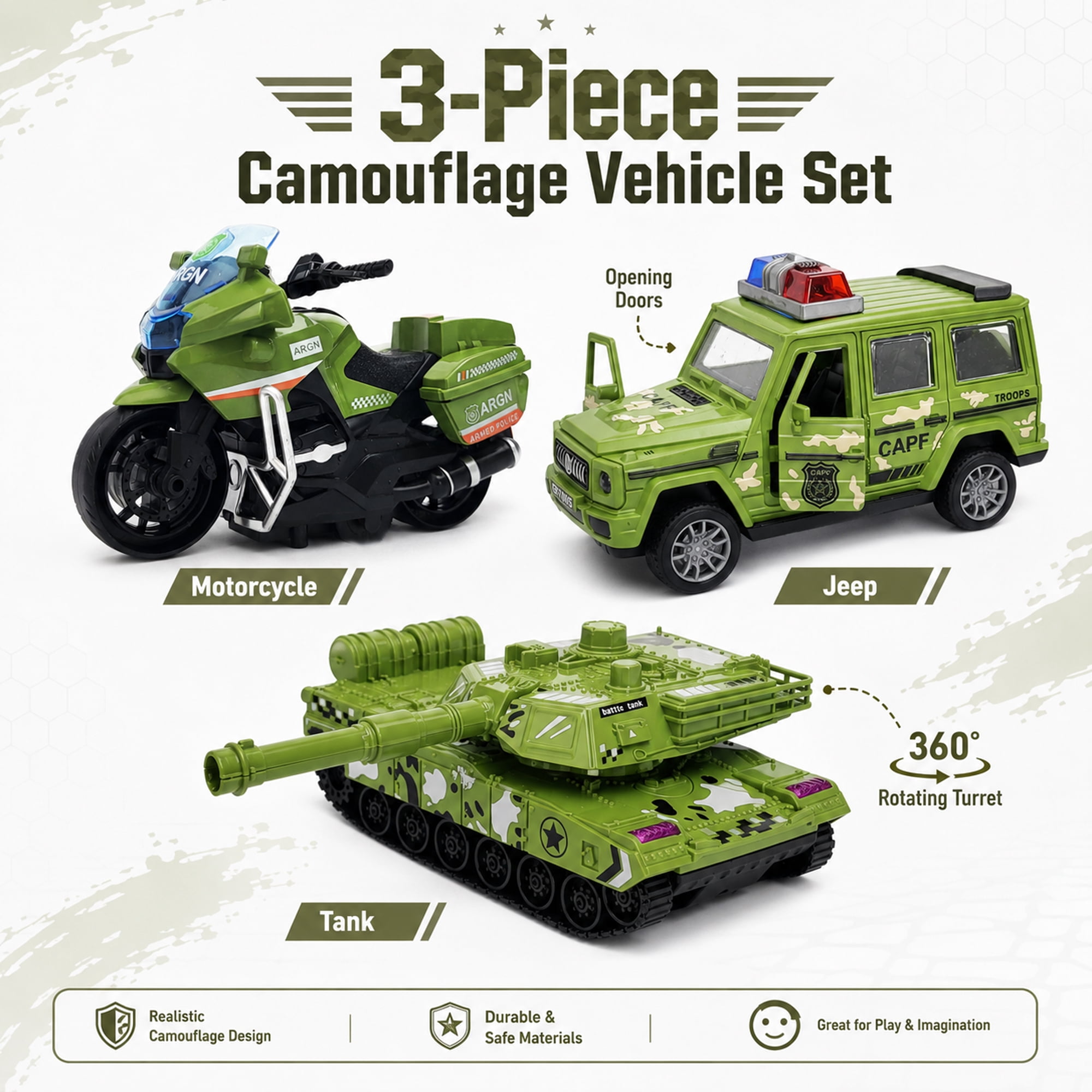 Friction Powered Vehicle Toys 3 Pack, Camouflage Tank Jeep Motorcycle Push and Go Toy Cars for Kids Ages 3+, No Battery Gift Set