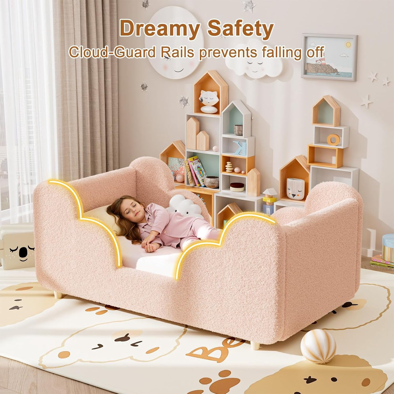 SLSY Toddler Bed,Sweet Pink Child Bed for Kids with Extra Safty Broad,Certified Fabric Toddler Floor Bed,Standard Crib Size(Mattress Not Included)