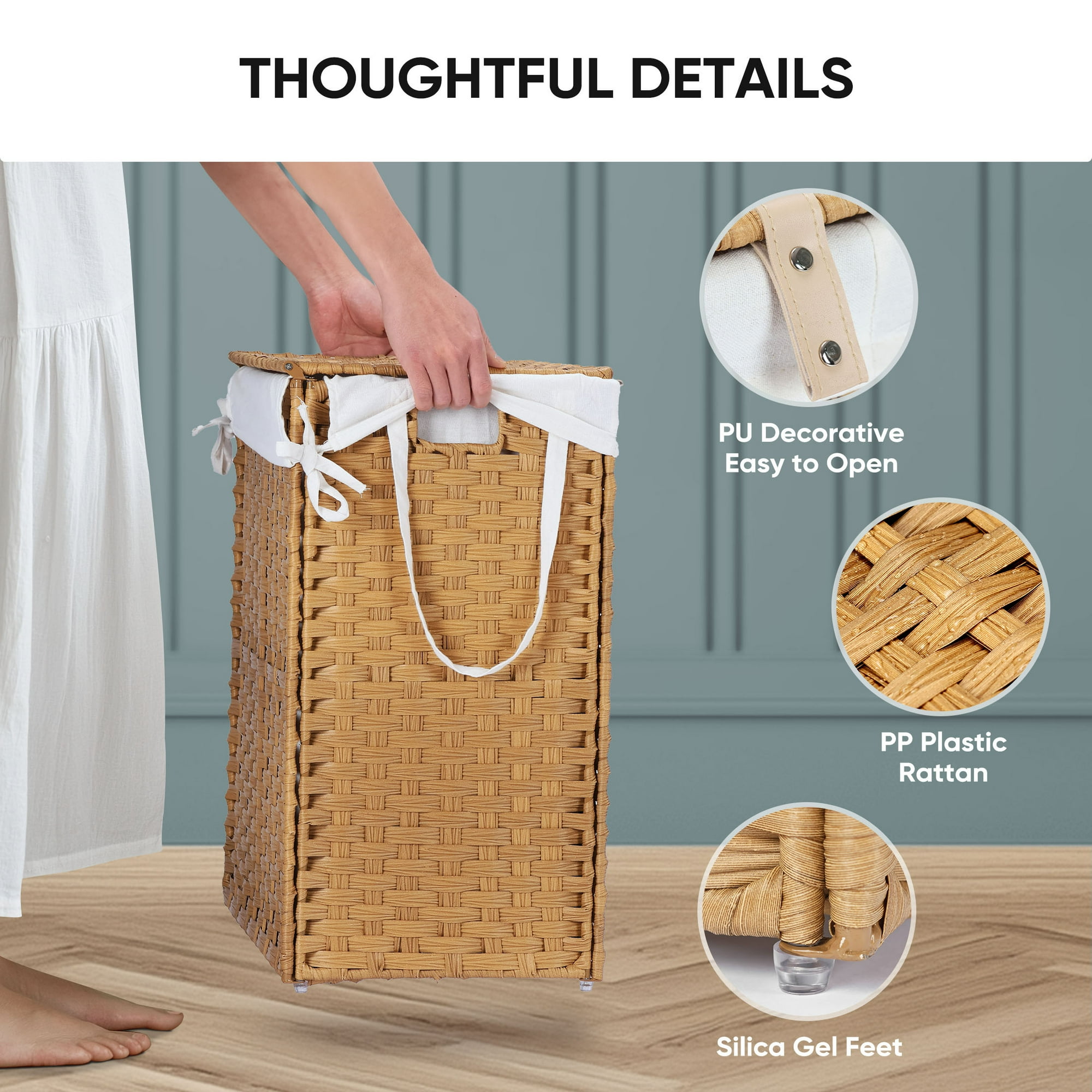 edx Laundry Basket with Lid, 110 L Hand-Woven Pp Rattan Laundry Basket with Compartments & Handles, Foldable, Removable Liner, Natural