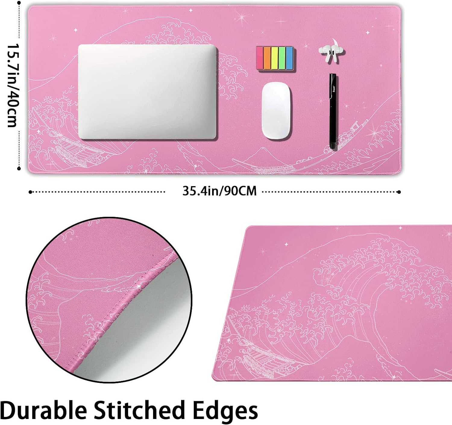 Pink Japanese Anime Gaming Mouse Pad XXL Cute Kawaii Wave Moon Extended Large Desk Mat Big Mousepad Non-Slip Rubber Base Stitched Edge Long Mousepad for Desktop Office PC Computer, 35.4 x 15.7 inches