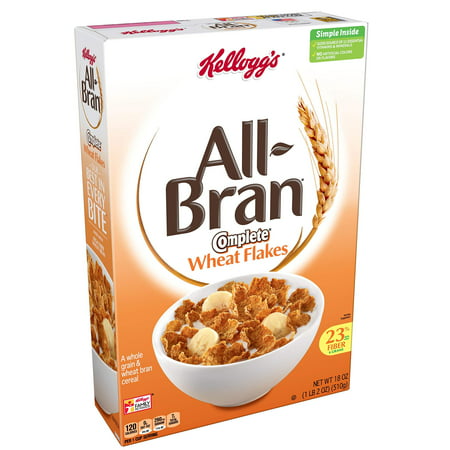 Kellogg's All-Bran Complete Wheat Flakes, Breakfast Cereal, Excellent Source of Fiber, 18 oz Box(Pack of