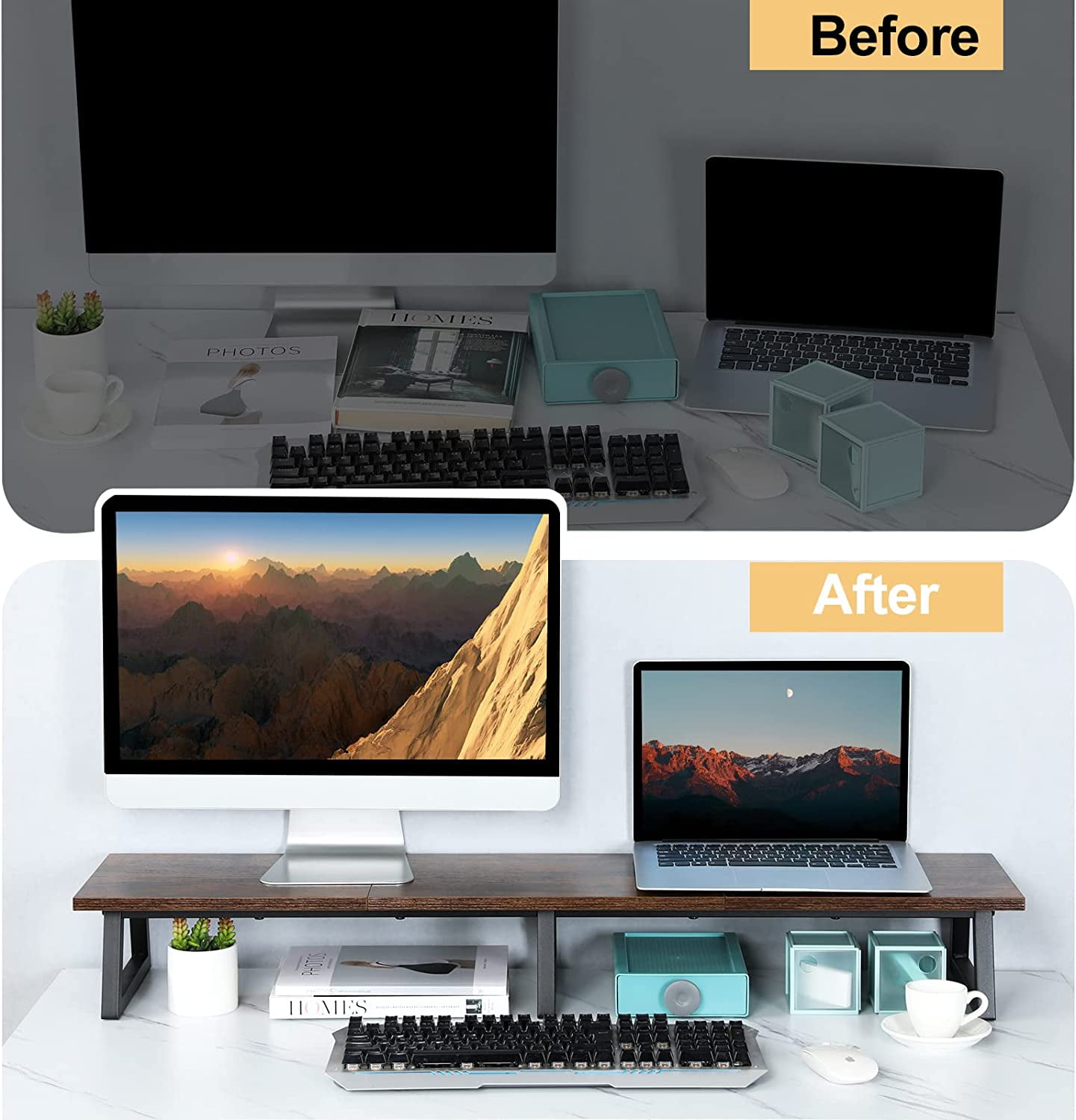Large Dual Monitor Riser Rustic Brown Extra-Long TV Stand Wood & Steel Desktop Storage Riser for Dual Screen Office Desk Organization