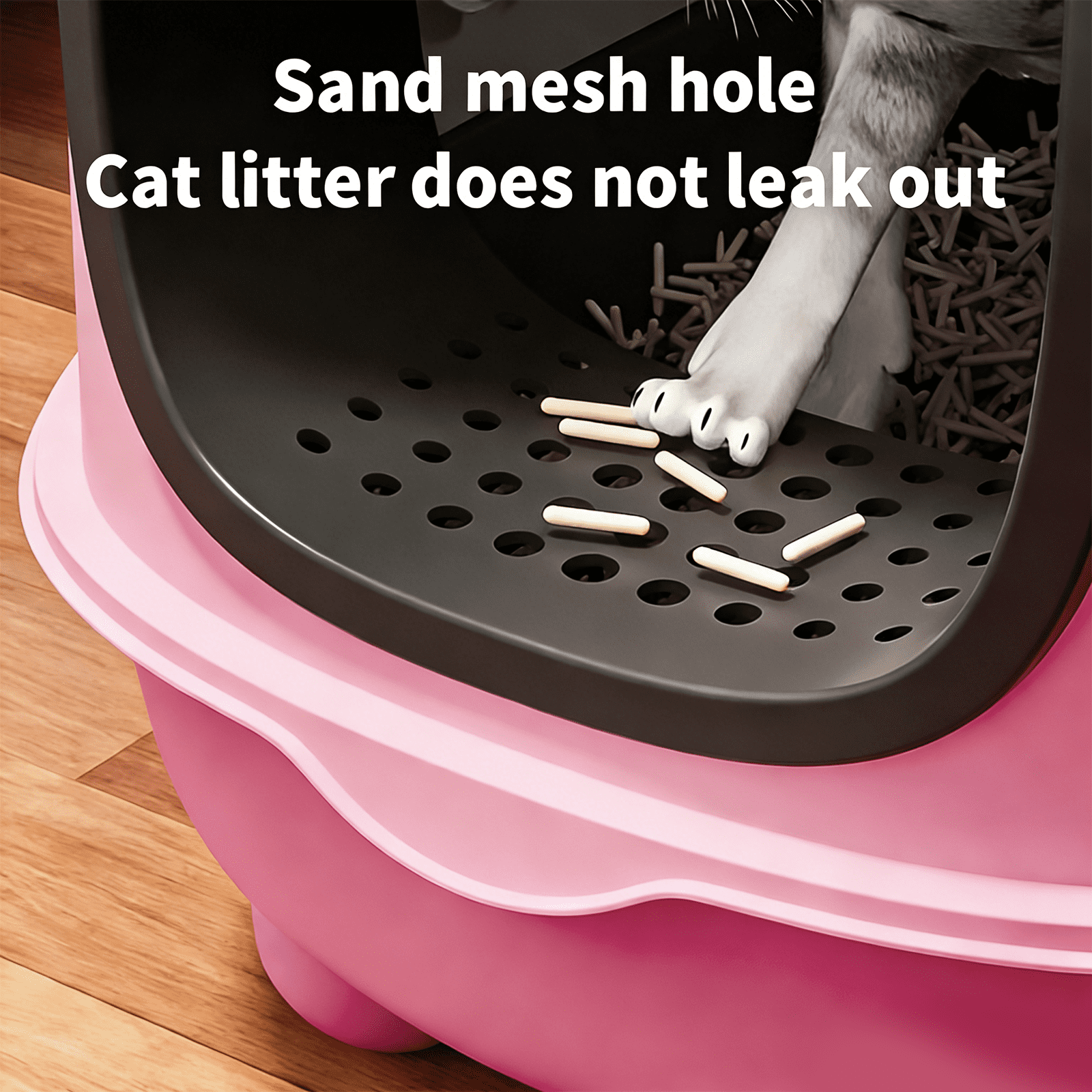 spacious fully enclosed pink cat litter box with a cat litter scoop