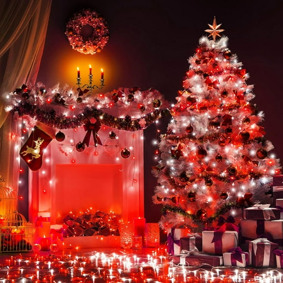 YUYAN-Battery Operated Christmas Lights 2 Pack, 17ft 50 LED Mini String Light with Auto-Timer 8 Modes Waterproof Tree Lights (Red&White)