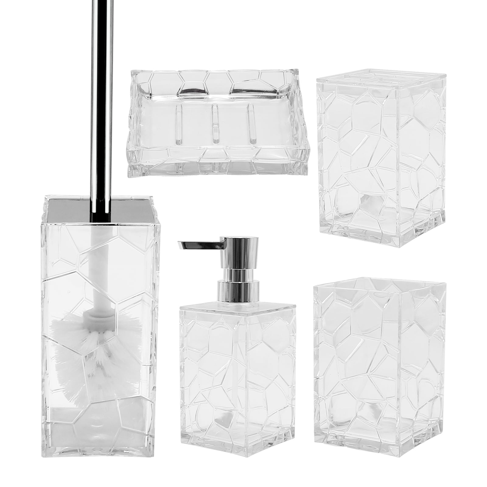 5pcs Acrylic Bathroom Accessories Set, Bathroom Vanity Accessory Set,  Toothbrush Holder, Tumbler ,Soap Dispenser, Soap Dish, Toilet Brush Set,  Elegant