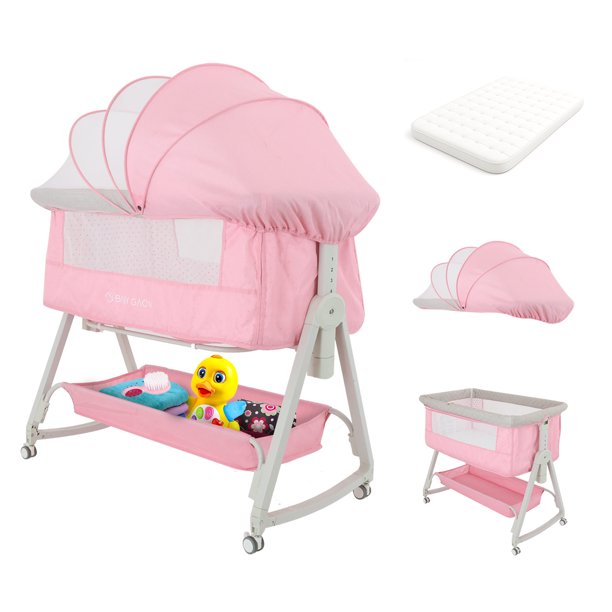 Cuna Plegable para Bebe con Mosquitero y Mecedora de Estructura de Acero Desmontable - Moises Colecho Cambiador de Altura Ajustable Multifuncional y Ruedas con Freno Rosa