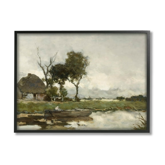 Boat on River Classic Scene Landscape Painting Black Framed Art Print Wall Art