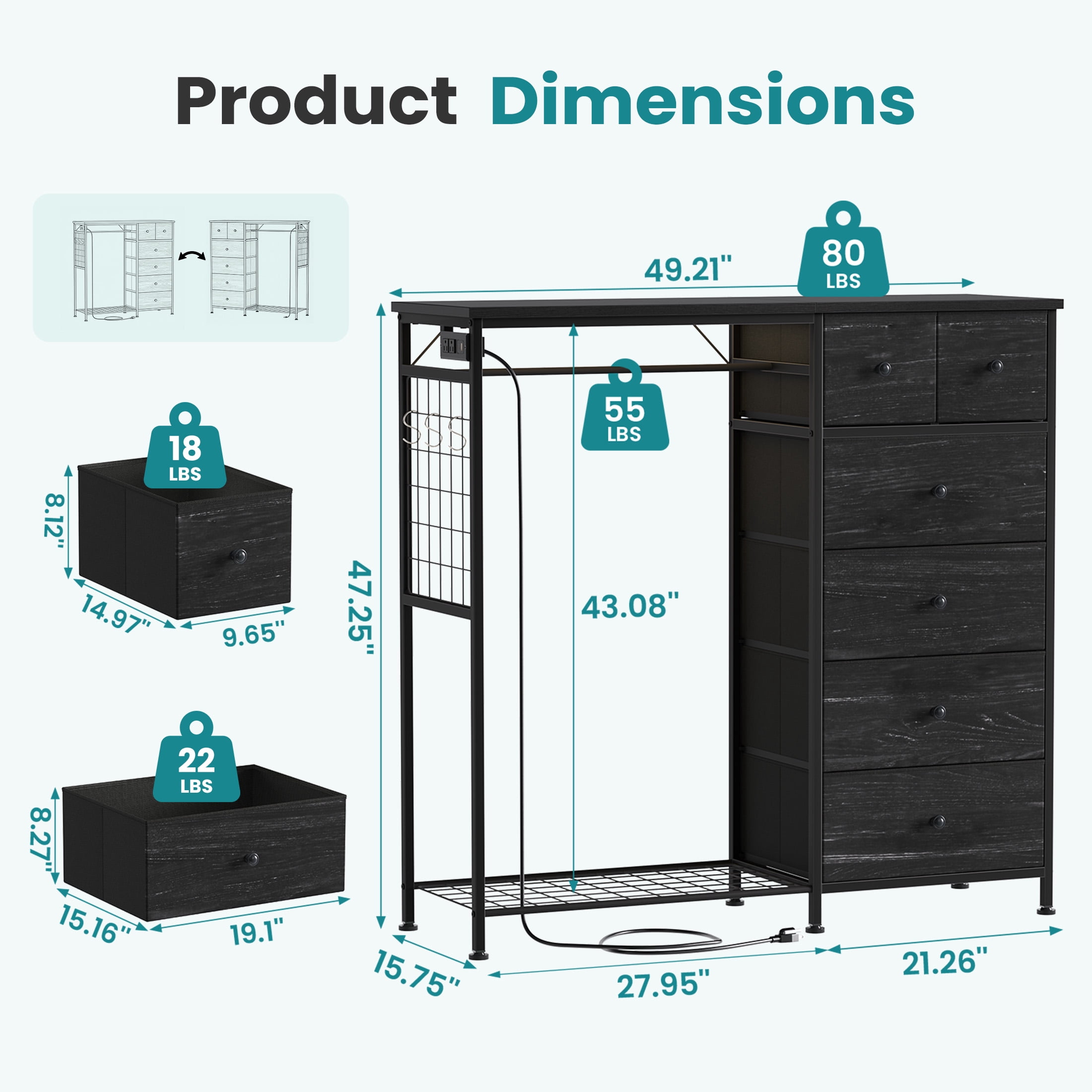 EDX 47.2" H Dresser for Bedroom with Hanging Rack, 6 Drawers Dresser with LED Lights & Charging Station, Fabric Dressers & Chest of Drawers with Rack, Wooden Top, Grid Panel,Black Wood Grain Print