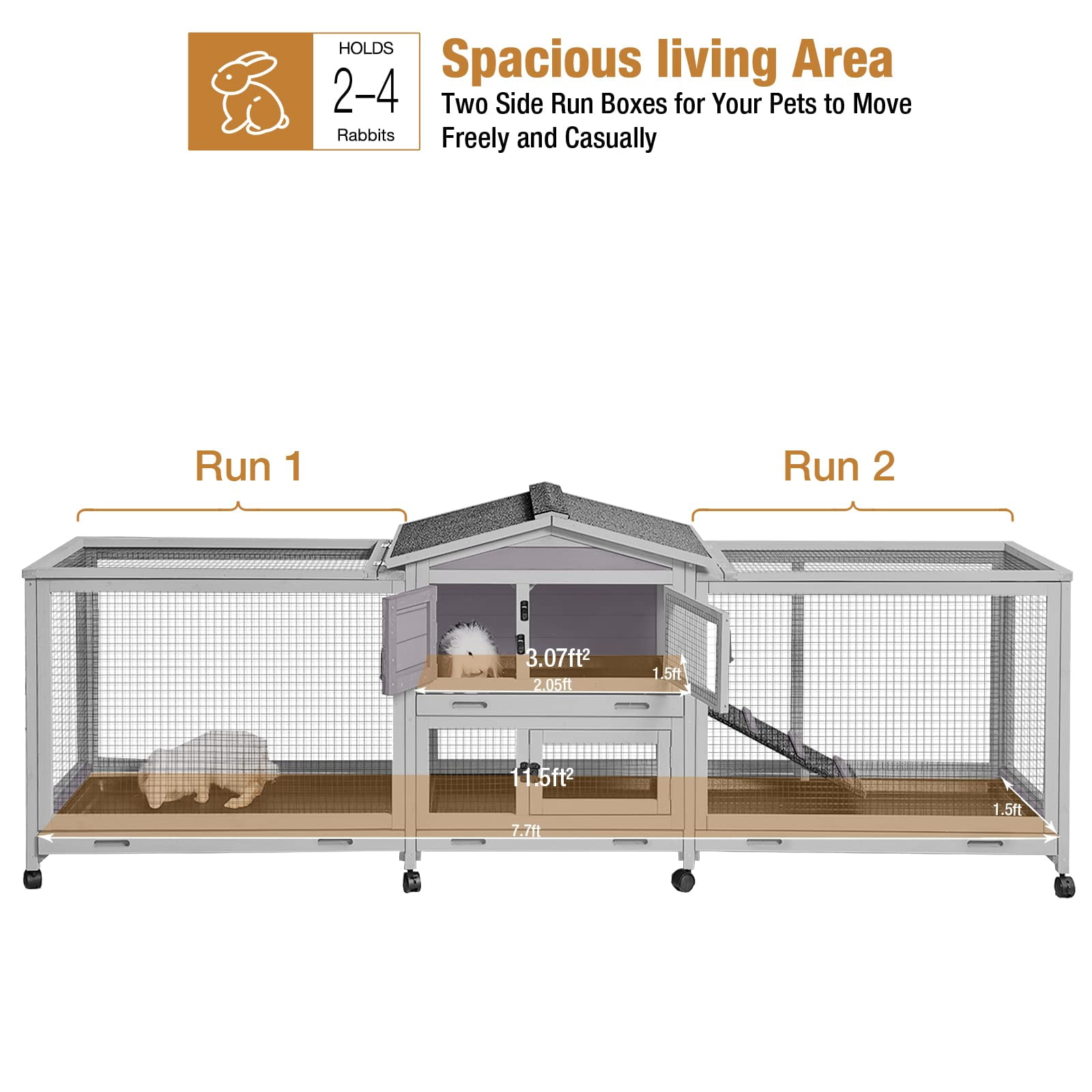MEDEHOO Rabbit Hutch Guinea Pig Cage with Double Run Indoor Bunny Hutch Outdoor Rabbit House with Deeper No Leak Trays and Wheels