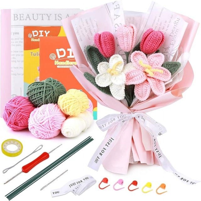Knitting Starter Kit for Beginners Flowers Knitting Kit with Step-By-Step Instructions Easy Crochet Kit for Beginner