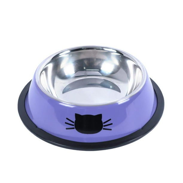 Cuenco de acero inoxidable para mascotas, color morado (E), con estampado de cara de gato, de acero inoxidable, antideslizante y antivuelco