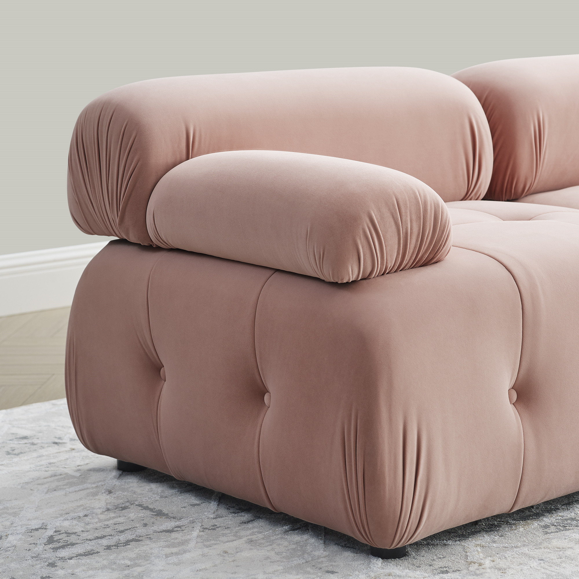 Aukfa 93" Sectional Sofa, Living Room Modular Couch with Ottoman, Pillow Top Arms, Velvet, Pink