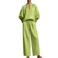 thumbnail image 5 of Casual 2 PC Sets for Women Lounge Fall 3/4 Sleeve Zip Up Shirts Wide Leg Loose Pants Going Out Outfits Green 2XL, 5 of 8