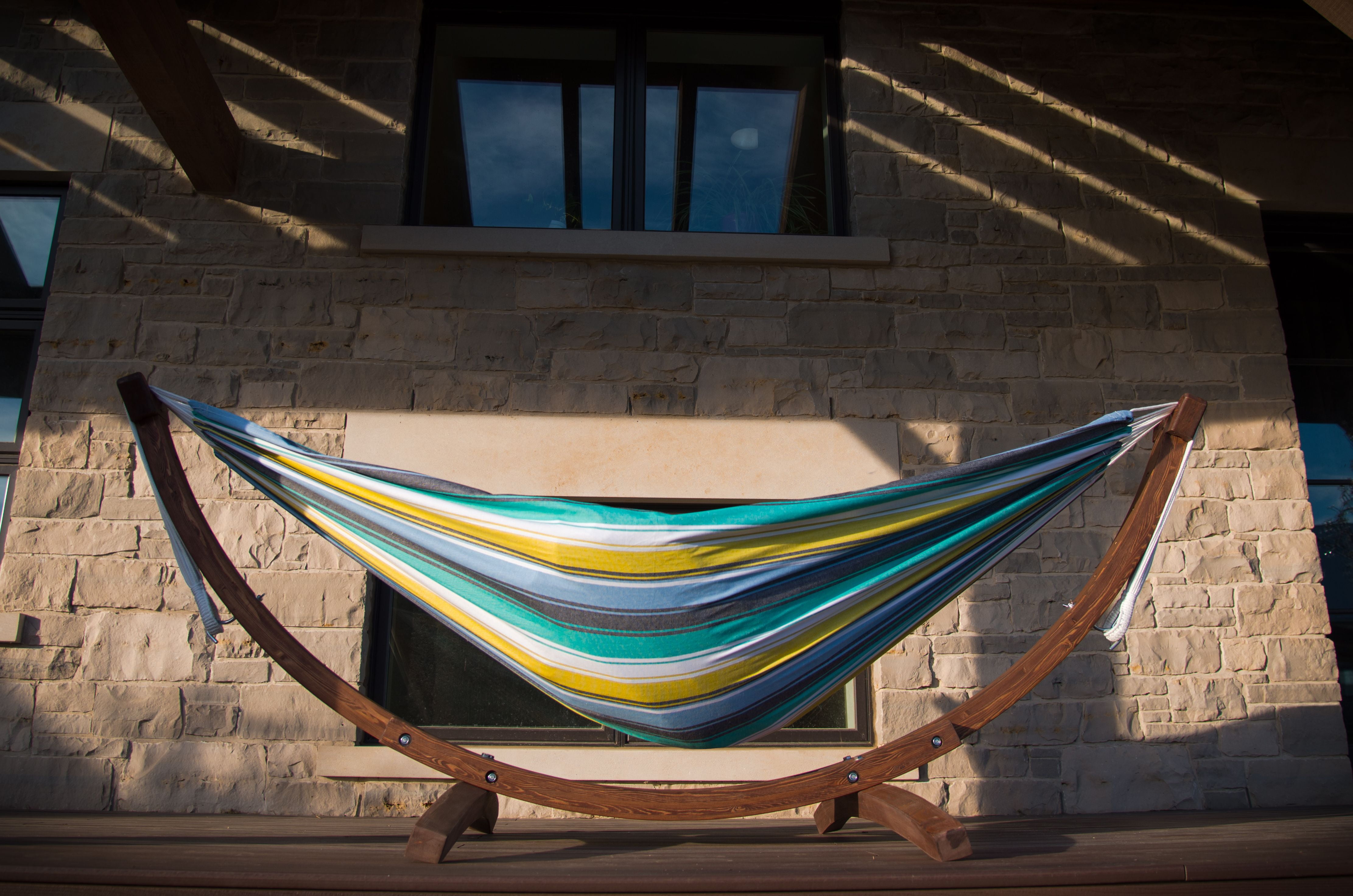 Double Cotton Hammock with Solid Pine Arc Stand Cayo Reef (8ft) (FSC Certified) by Vivere LTD