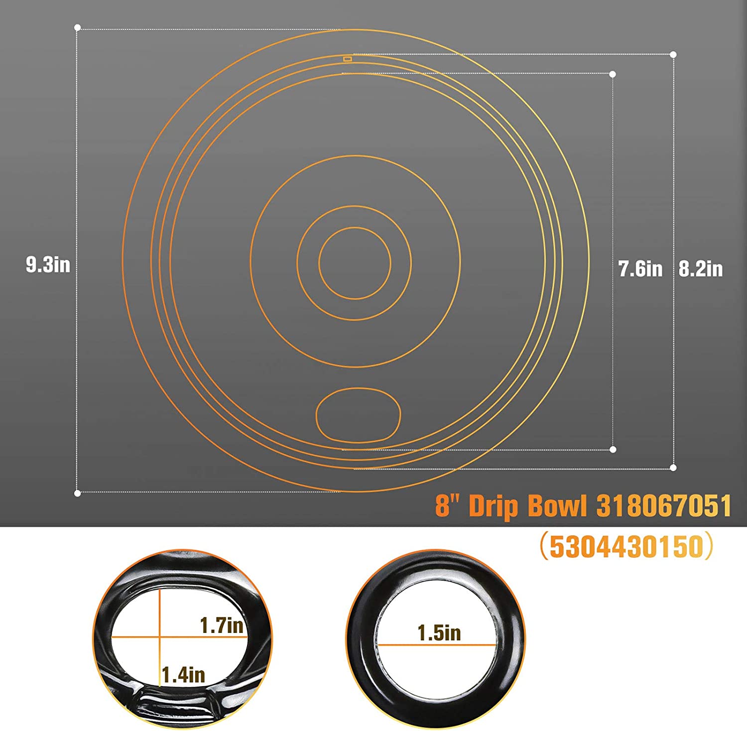 Black Porcelain Drip Pans Set 4-Pack 318067041 & 318067051 Replacement for Frigidaire Electric Range Stove Burner 5304430149, 5304430150 Includes 2 Large 2 Small (6 Inch and 8 Inch)