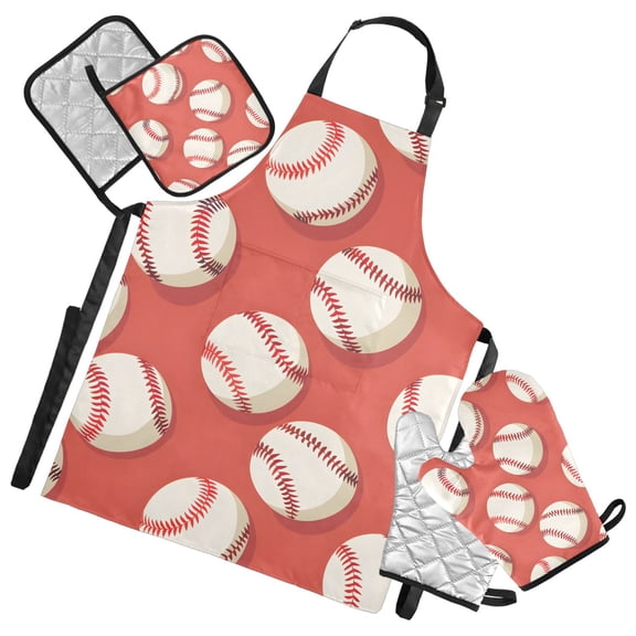 Baseball on Red 5 Pcs Kitchen Set Heat Resistant Oven Mitts and Non-Slip Pot Holders with Adjustable Cooking Apron