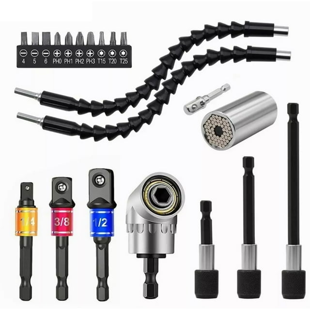 Amdohai 21PCS Flexible Drill Bit Extension Set with 105° Angle Drill Bit Extension & 1/2 3/8 1/4 inch Universal Socket Adapter & Drill Bit Holder & Screwdriver Bit Kit & Universal Socket Grip