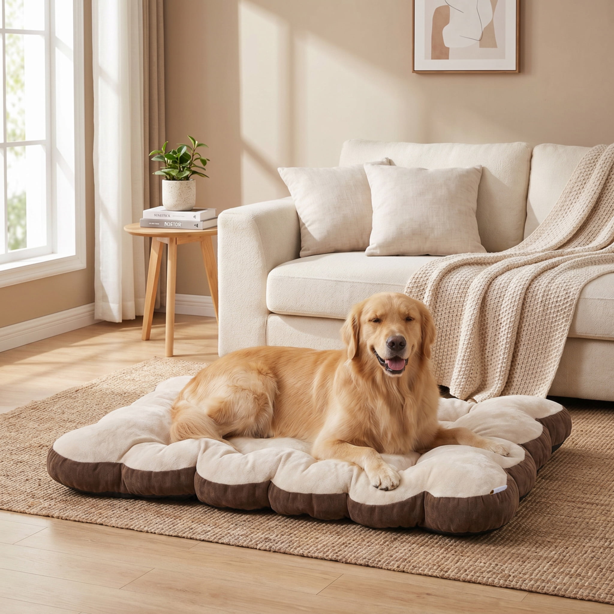 SportPet Designs Tufted Sherpa Cushion Pet Bed, Tan, XL 42 in x 27 in