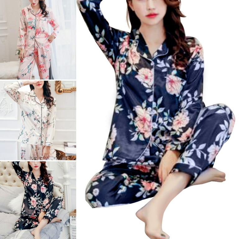 Womens Silk Blend Crane Printed Long Sleeves Pajamas Sets Nightwear Tops  Pants