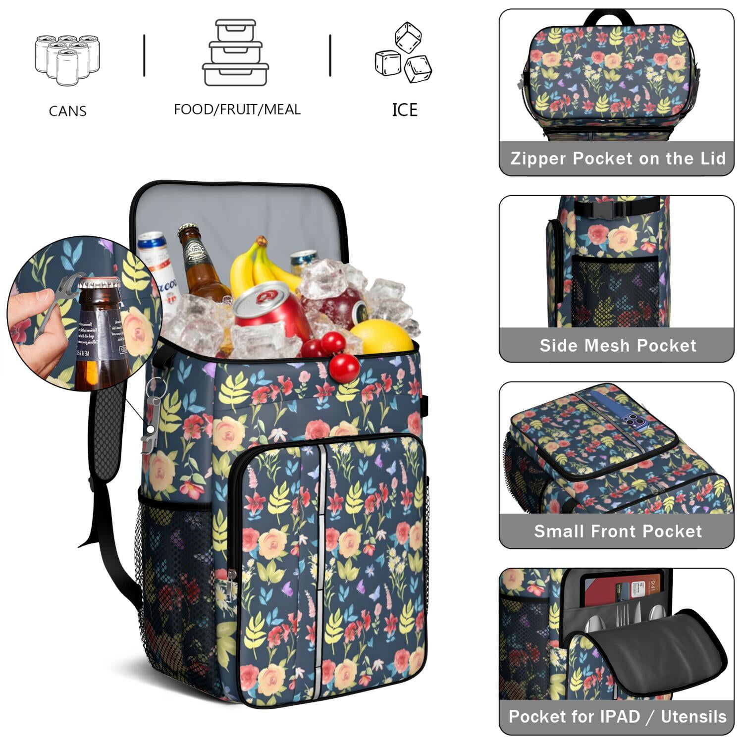 Travel Cooler Bag - Pioneer Flower Floral Print Pattern Camping Beer Cooler Backpack with Bottle Opener- Waterproof Insulated Picnic Backpacks - Cooler Bag for Beach