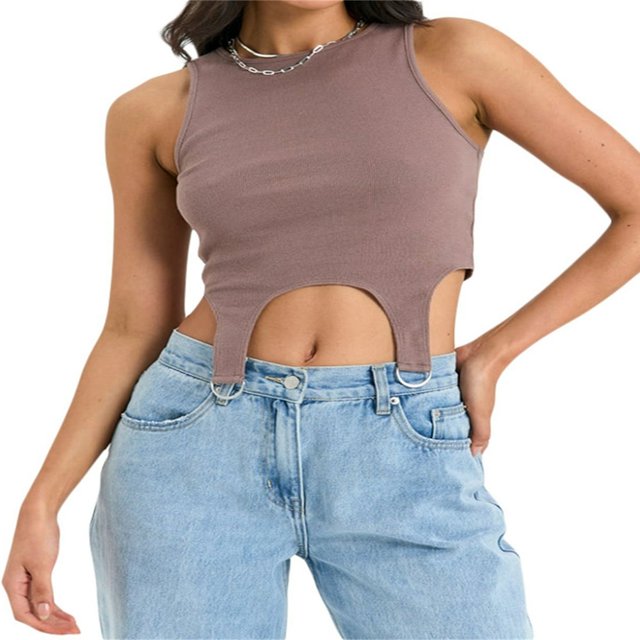 Summer Ribbed Tank Tops Casual Women Sleeveless Irregular Hem Vest Solid Color Slim Fit Crop Tops Female Base Tops Brown S