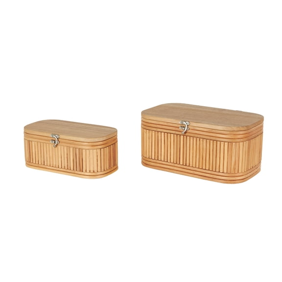 DecMode Ribbed Brown Wood Decorative Box with Brass Latches, 2 Count
