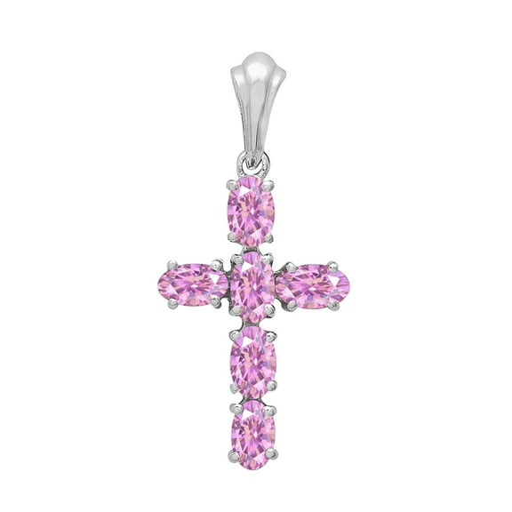6X4mm Oval Shape Pink Cz Gemstone 925 Sterling Silver Cross Religious Women Birthday Gift Pendant