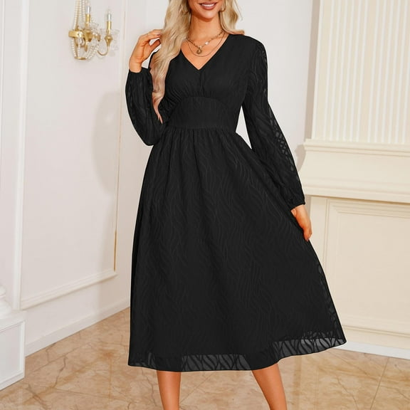 Wancir Womens Casual Long Sleeve Fall Dresses 2024 V Neck Ruffle Tiered A Line Flowy Wedding Guest Dress Boho Dress