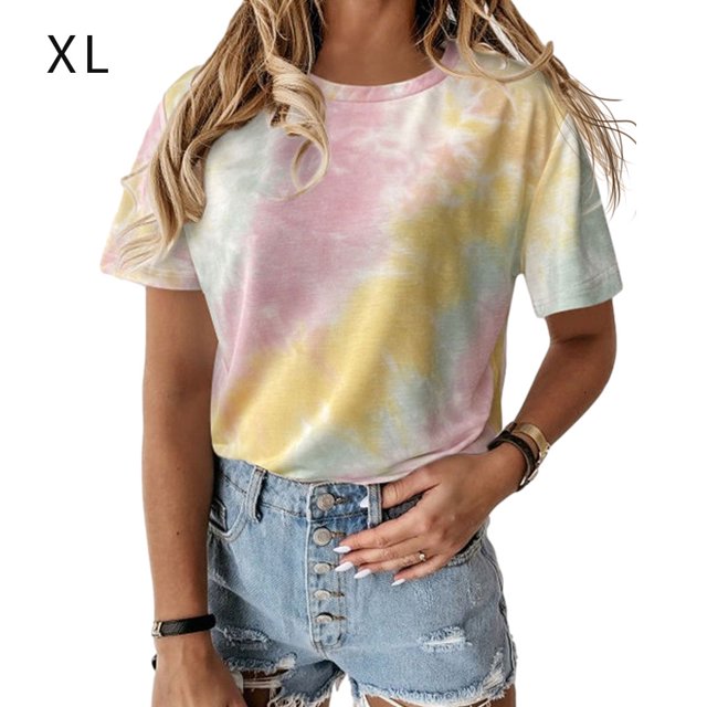 Camiseta de mujer Cuello redondo Manga corta Tie-dye Printed Casual Top, Caqui, XL kenally AP000470-21