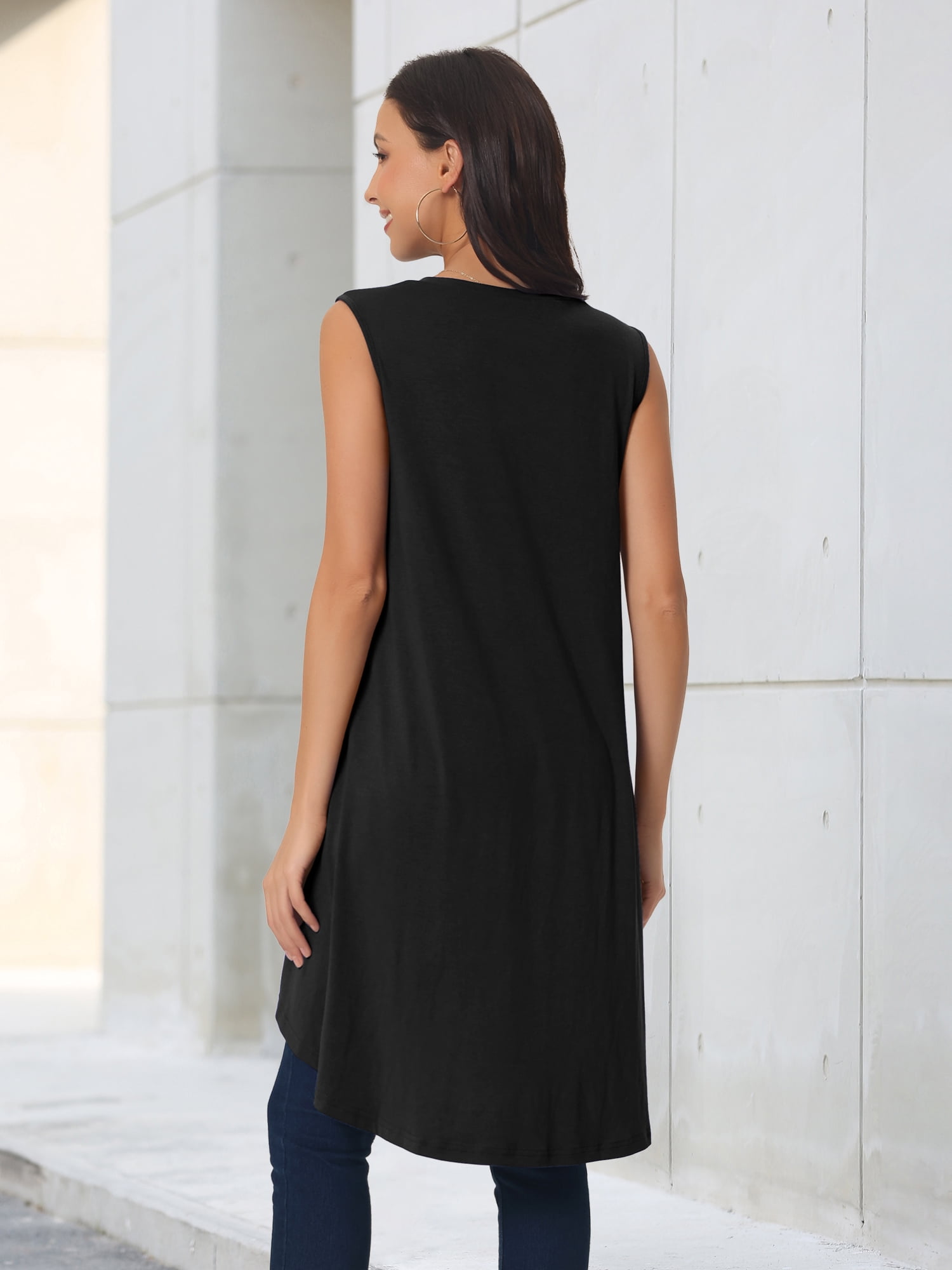 DARING DIVA Women's High Low Hem Crew Neck Sleeveless Tunic Top Black L