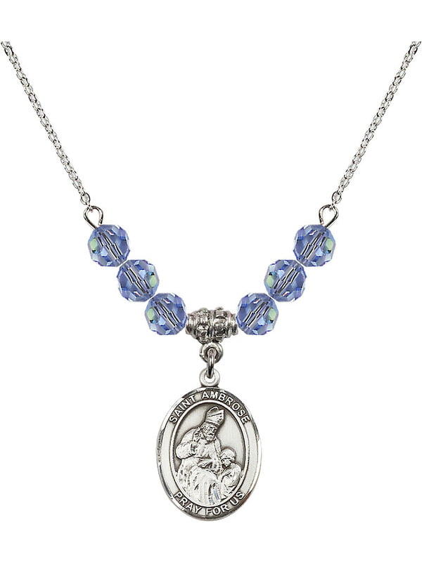 Bonyak Jewelry 18 Inch Rhodium Plated Necklace w/ 6mm Blue September Birth Month Stone Beads and Saint Ambrose Charm 