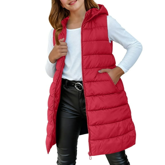 PINQI Teen Girls Long Hooded Puffer Vest Quilted Lightweight Oversized Zip up Sleeveless Jackets Youth Kids down Coats